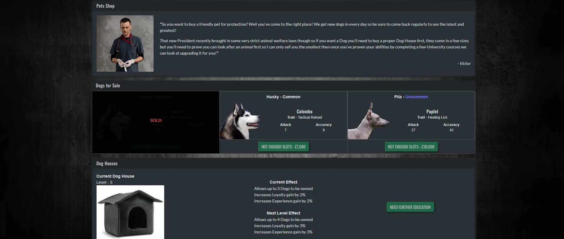 An image of Victors Pet Shop, showing a range of dogs