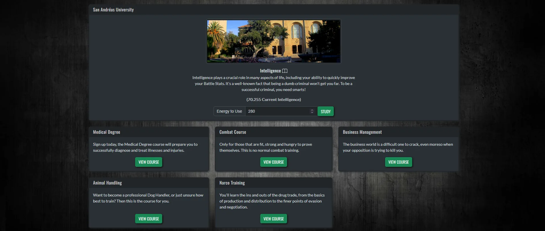 An image of San Andreas University showing the Intelligence system and course